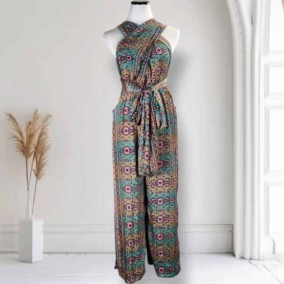 Karma Highway Multi Way Halter Wide Leg Jumpsuit OS  Boho Paisley Viscose - Picture 1 of 16